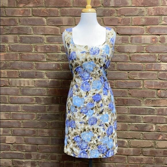 Philosophy Sheath Floral Tank Dress Tan/Blue Size 8 - Picture 2 of 10